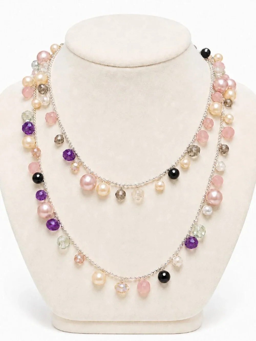 Silver-Tone Multicolor Beaded Station Necklace